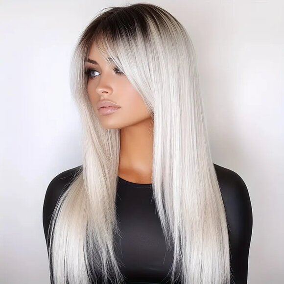 Elegant Light Blonde A-Line Wig with Bangs - Long Straight Synthetic Hair, Breat